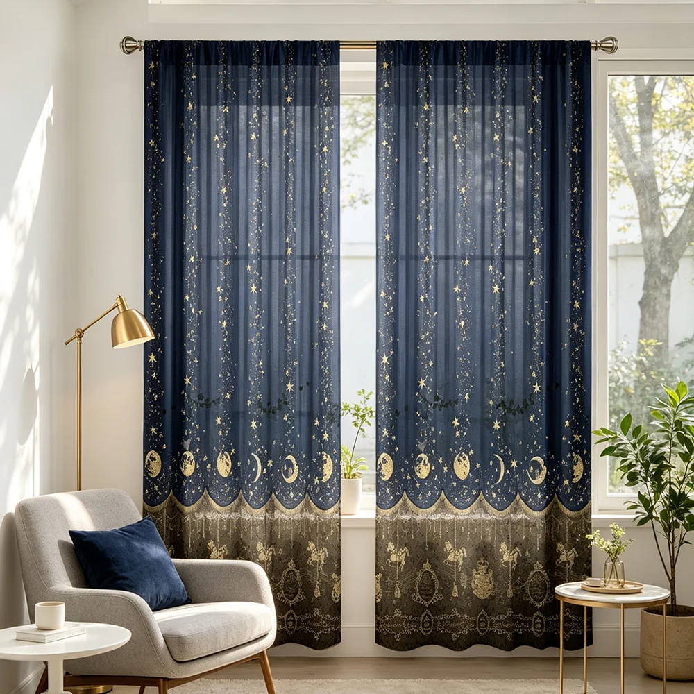 2PCS Digital Print Sheer Curtains Dark Blue Moon Star Lace Pattern A&B Sheer Fabric Living Room Window Curtains - view 5