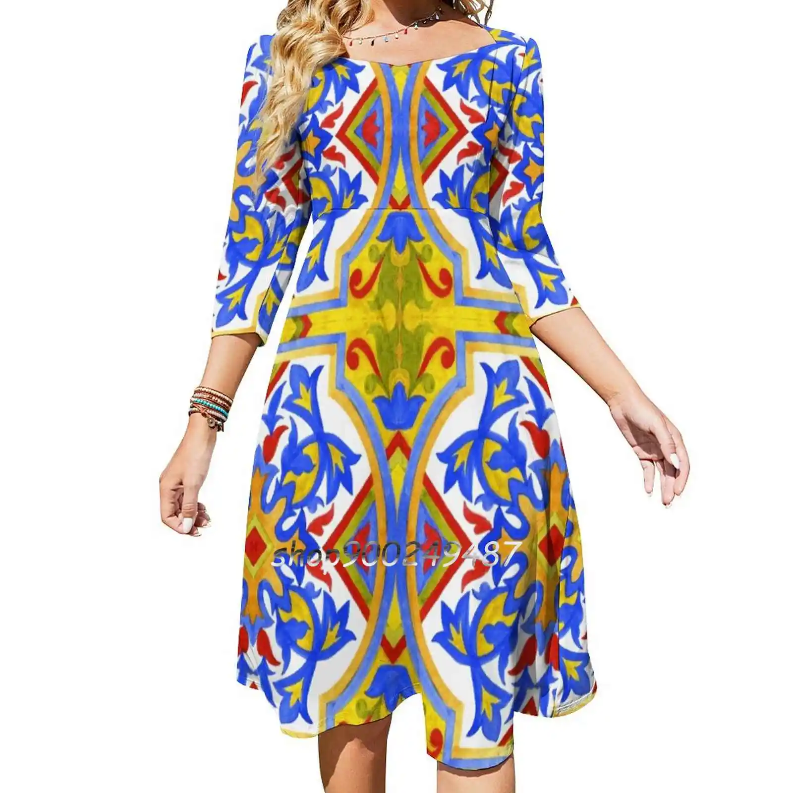 Portuguese Azulejo Tiles. Square Neck Dress Cute Loose Print Dresses Elegant Beach Party Dress Watercolor Pattern Ceramic