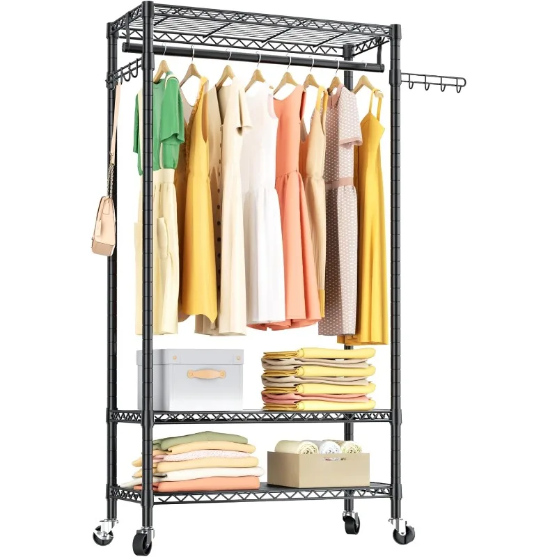 

Clothes Rack Rolling Garment Rack,3 Tier Adjustable Wire Shelving Clothing Racks for Hanging Clothes with Hanger Rod&Side Hooks