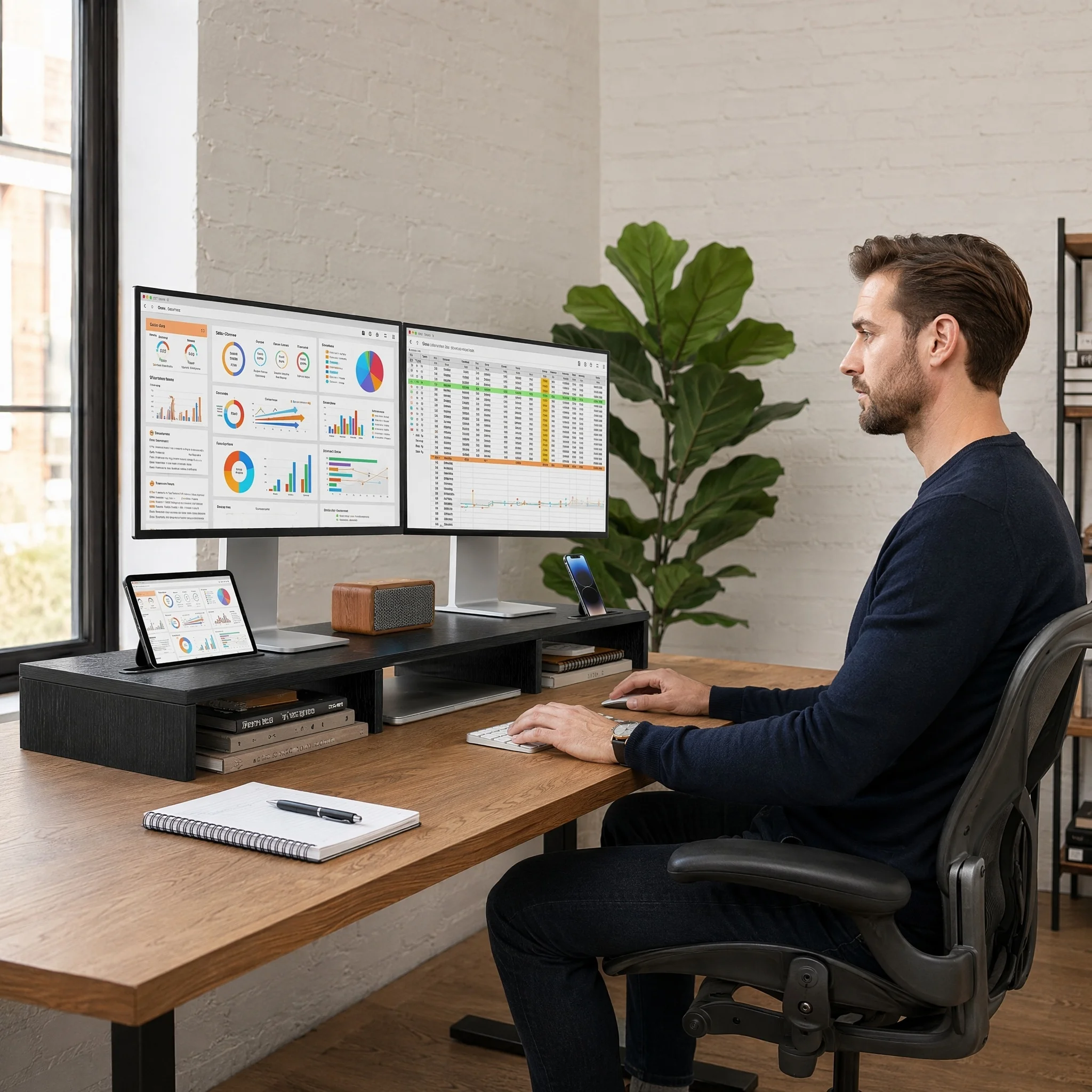 Dual Monitor Stand Riser for 2 Monitors, Monitor Stand for Desk, Adjustable Computer Monitor Stand with 2 Slot, Multifunctional Desktop Organizer Stand for Laptop, PC, Computer, Printer