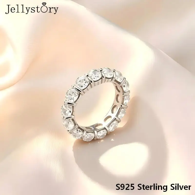 Jellystory S925 Silver Full Round Moissanite Ring Brilliant Sparkling Band Minimalist High End European American Light Luxury