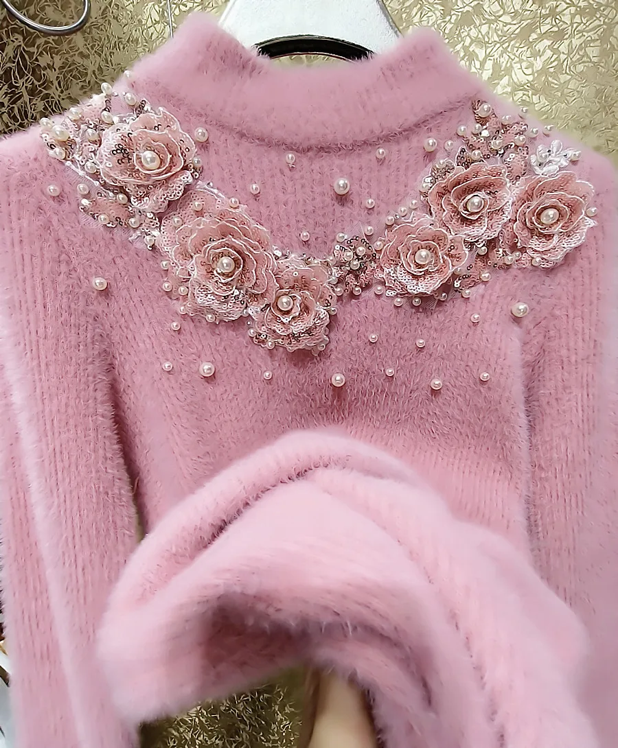 Heavy Industry 3D Florals Pearls Sequins Stitch Pink Mohair Sweater Mock Neck Thickened Faux Fur Beaded Pullovers Knitwear Tops