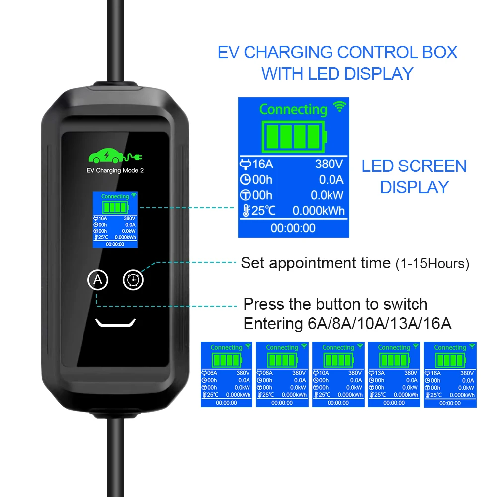 Kolanky Portable EV Charger 16A 11KW Type 2 Plug Wifi Tuya App Set Charging Time  For EU Electric Vehicle Cars Total 5M