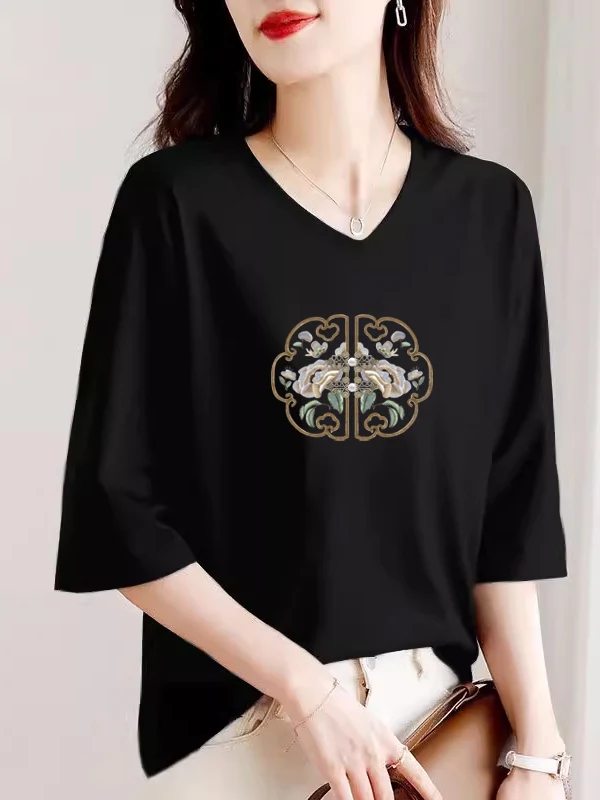 

Pure Cotton V-Neck Three-Quarter Sleeve Printed T-Shirt Women's Fashion Commute Style Spring Autumn New All-Match Top