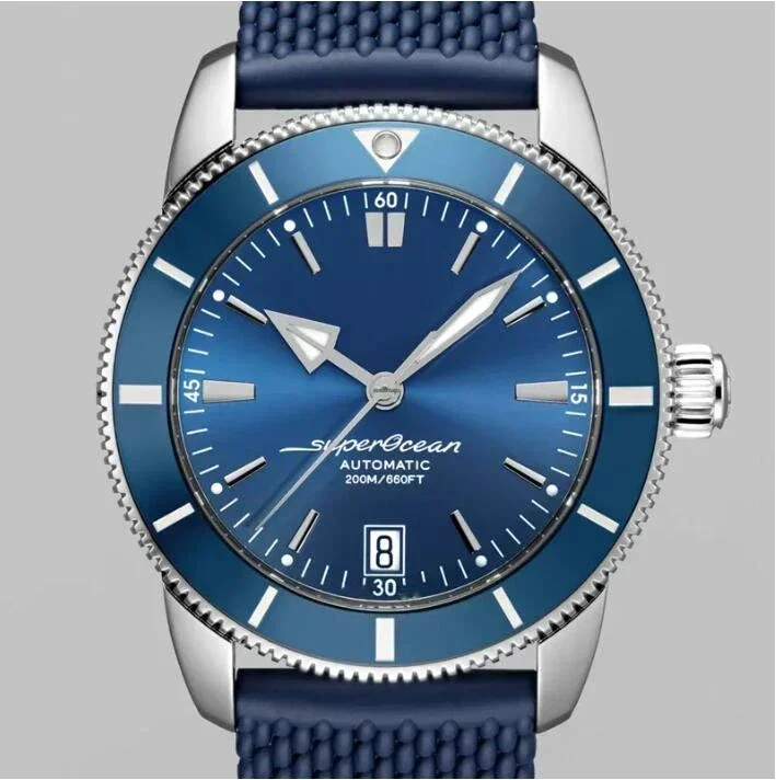 ساعة ميكانيكية أوتوماتيكية فاخرة للرجال Superocean باللون الأسود والأزرق بحزام مطاطي ساعات رياضية 46 ملم relogio