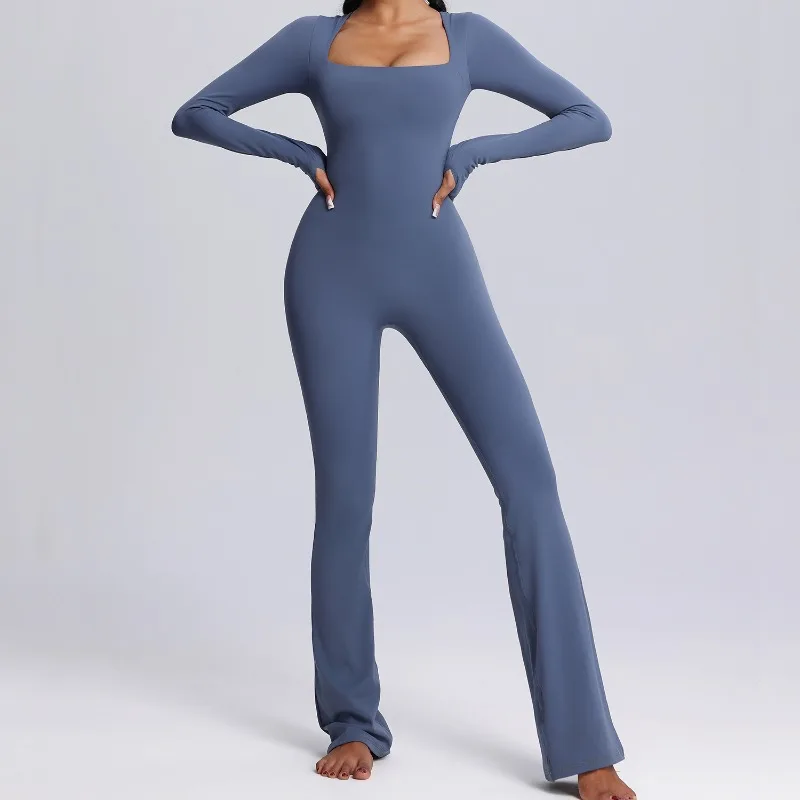 

Women's High Elasticity Long Sleeve Bodysuit Yoga Set for Dance Fitness, Breathable Sport Bell-bottom Jumpsuit