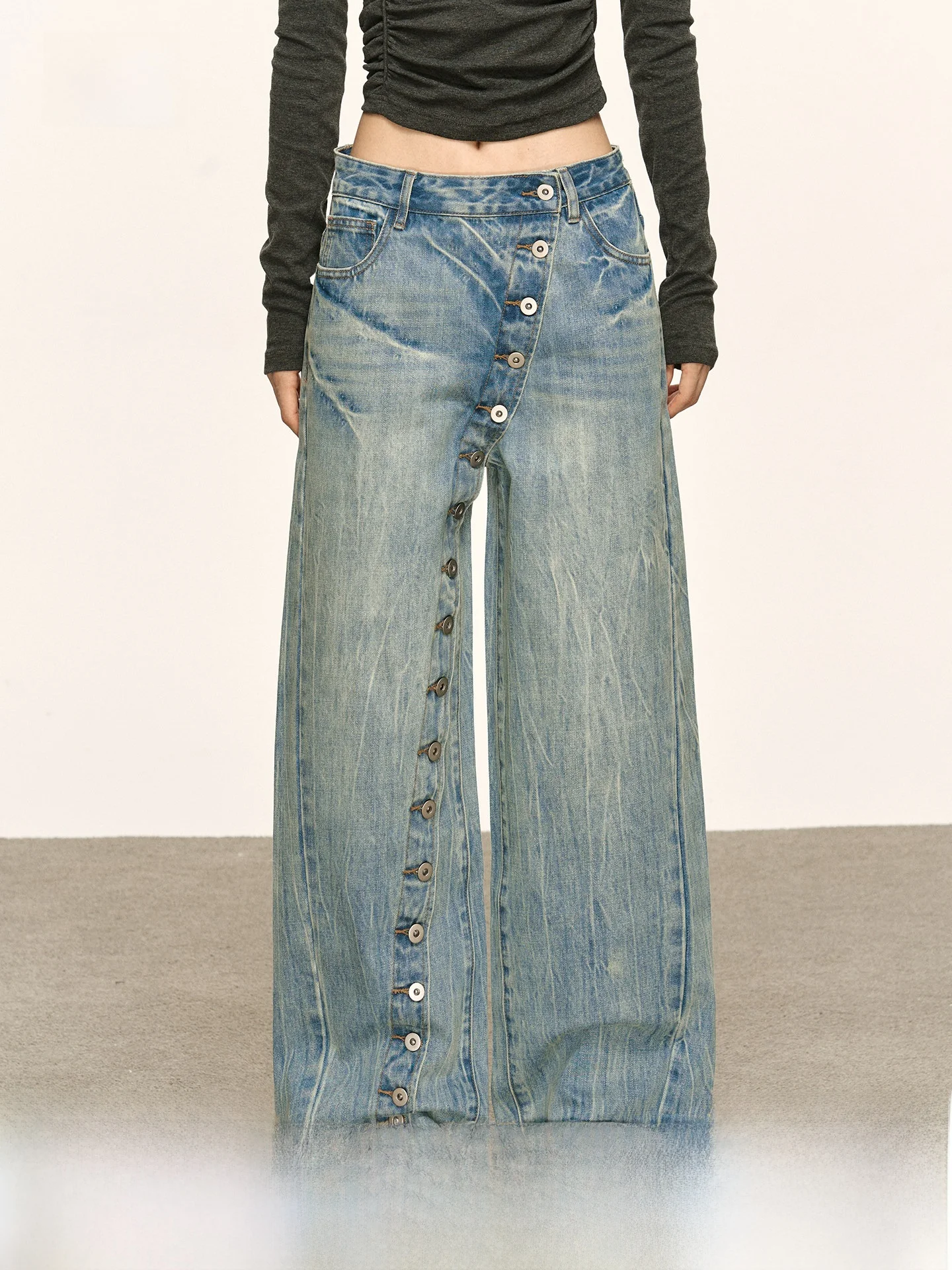 

Anna Aneae Design Sensual Slanted Button Denim Jeans Women's Spicy Retro Loose Straight Leg Long Trousers Trendy