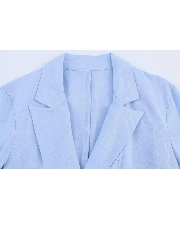 بدلة نسائية متينة من HH بياقة مقلوبة وأكمام طويلة وجيوب واحدة الصدر + سراويل مزخرفة بخصر مطاطي قابلة للطي