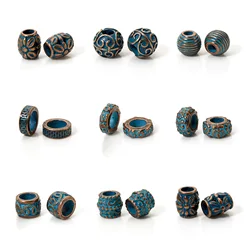 20pcs Bohemian Style Patina Spacer Beads Antique Copper Blue Drum Flower Metal Beads For DIY Jewelry Making Necklace Findings