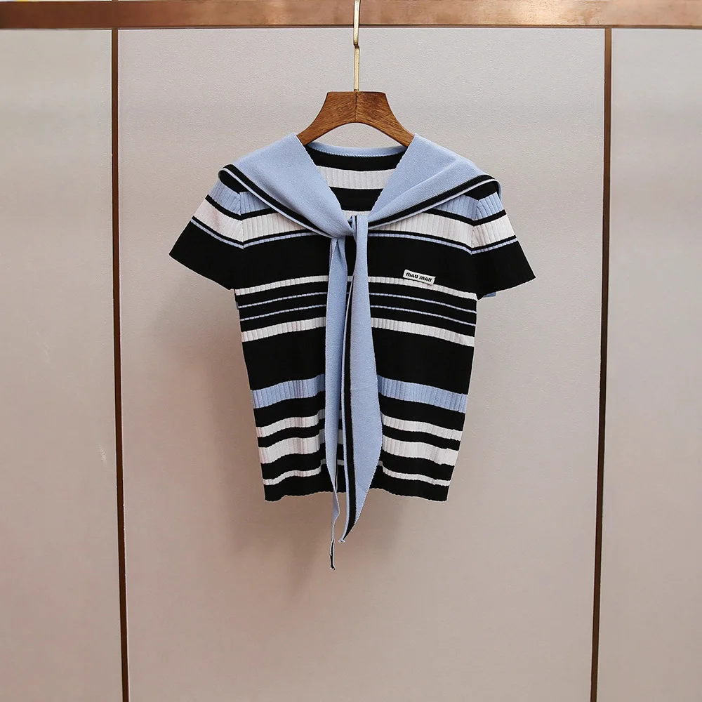 

Свитер MaSande из полиэстера, вязаный, в полоску, с воротником в стиле колледж, темно-синий, осенняя новинка, для женщин, класса люкс