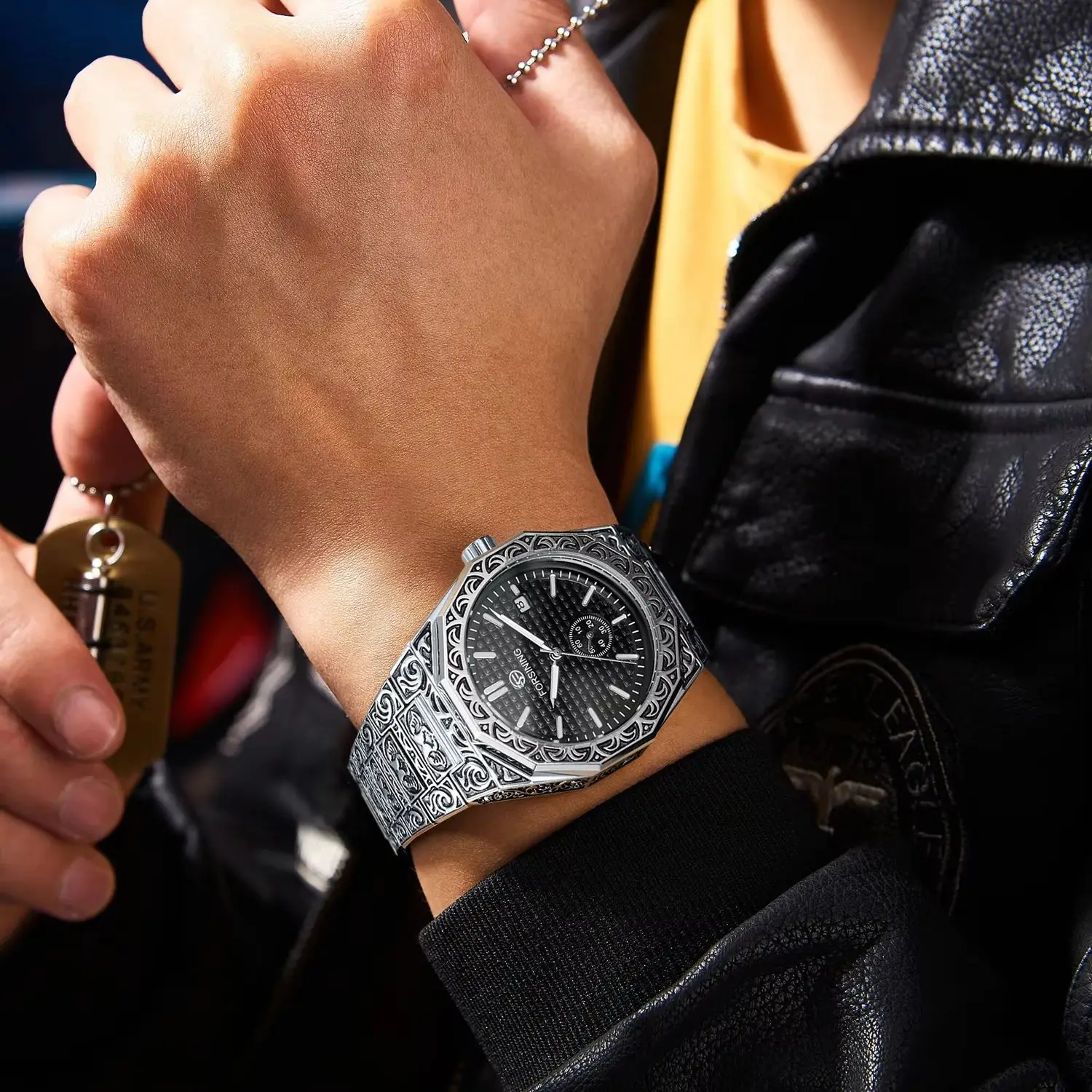Forsining Luxury Engraved Gold Watch for Men Calendar Retro Classic Automatic Mechanical Watches Stainless Steel Band Wristwatch