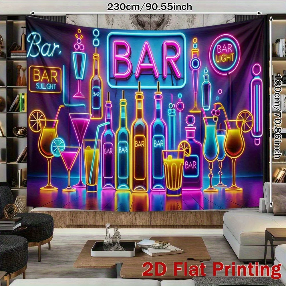 Neon Bar Tapestry - Glow-in-the-Dark Party Wall Decor Colorful Bottle & Cocktail Design Nightclub Style Polyester Multiple Sizes