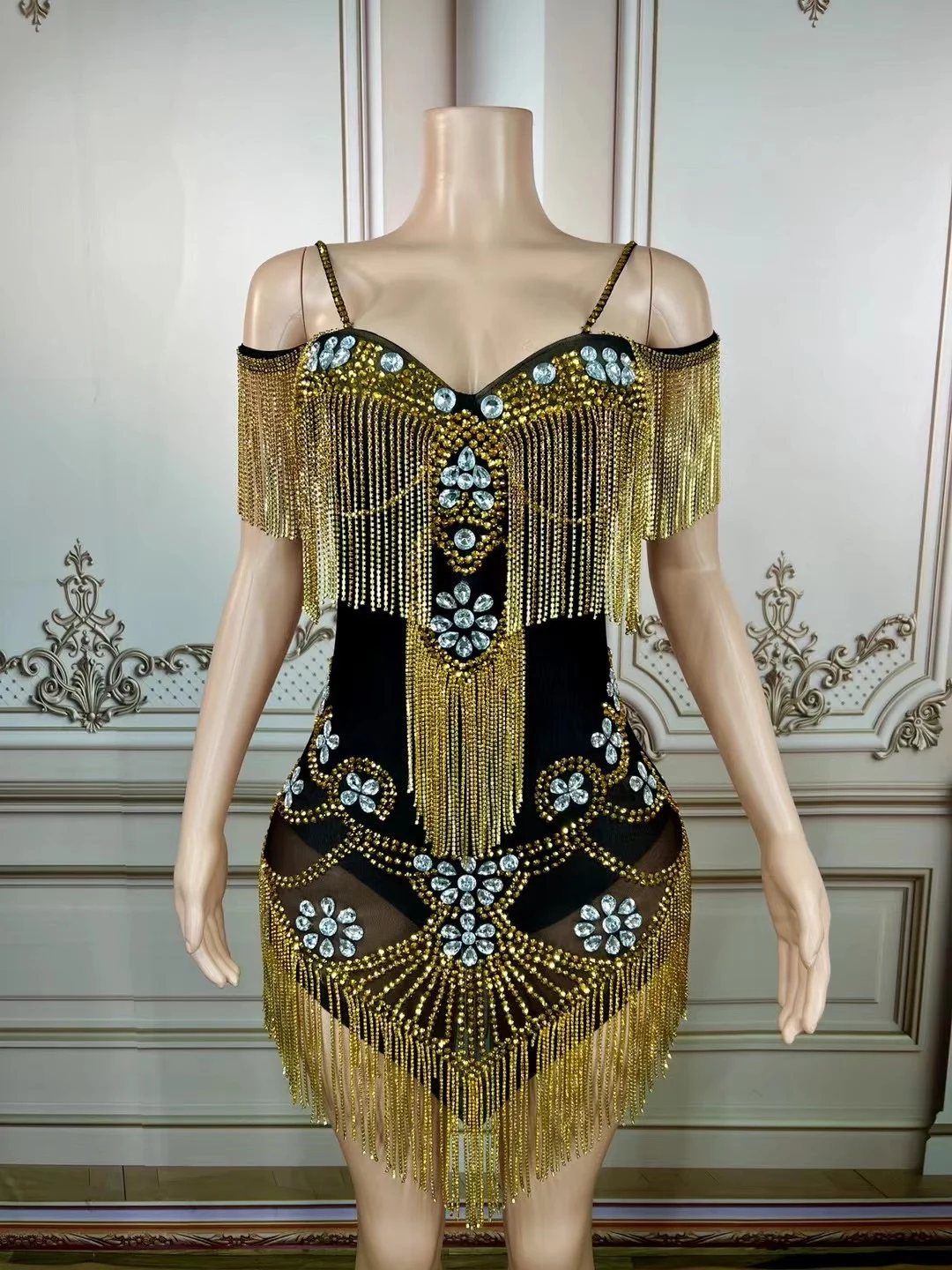 2025 Off-Shoulder Rhinestone Fringed Dress Party Birthday Celebrate Evening Dresses Singer Stage Costume Festival Clothing yj095