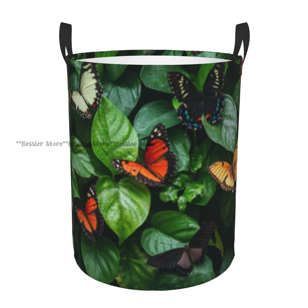

Laundry Basket Colorful Array Butterflies Round Storage Bin Collapsible Hamper Clothes Bucket Organizer