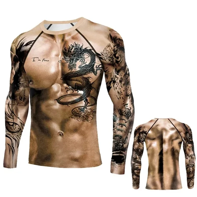 Muscle Tattoo Mens Compression T-shirts Long Sleeve Wolf Dragon Sportswear Rashguard Fitness Gym Tops Tees Streetwear Tshirt