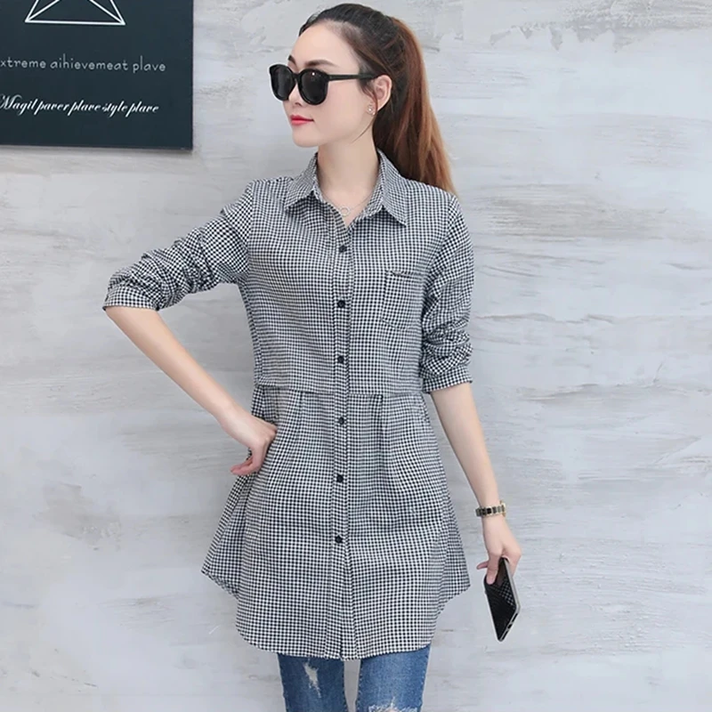 

Women Shirts Korean Fashion Long Cotton Plaid Shirts Women Elegant Slim Long Sleeve Spring Autumn Office Ladies Plaid Shirts