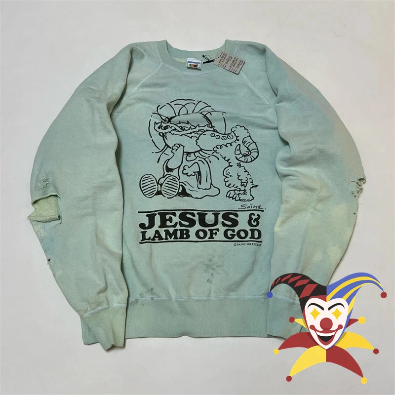 

Washed Hole Saint Vintage Sweatshirts Men Women Jesus Hoodie Crewneck