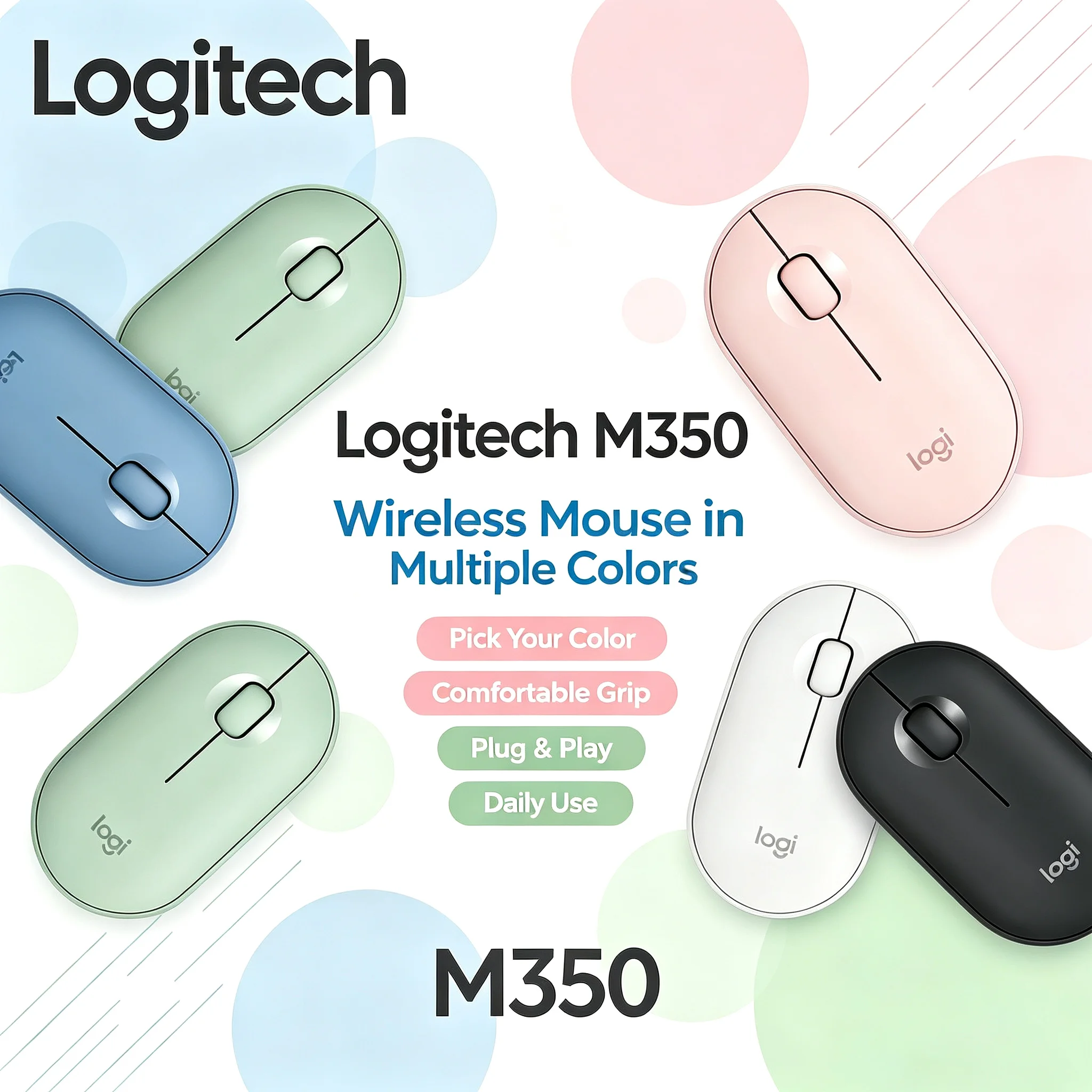 Logitech M350 Pebble Wireless Silent Mouse Fashion Matte Pastel Color Slim Portable Office Mice