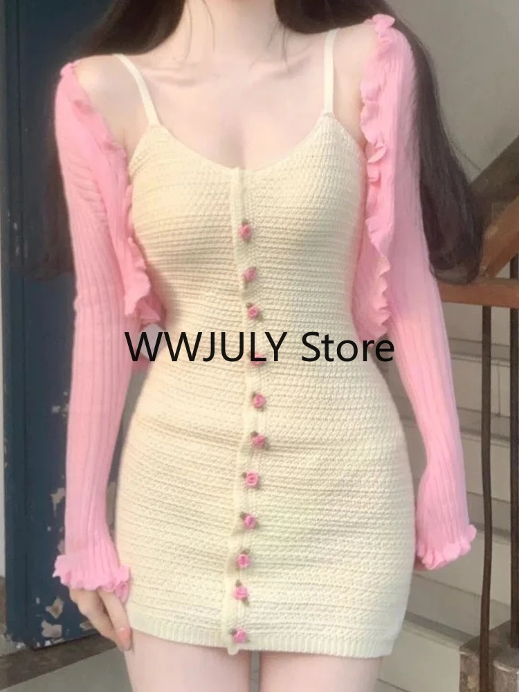 2023 autunno corea moda vestito dolce sottile 2 pezzi Set gonna rosa maglione corto Cardigan aderente cinturino Sexy Mini abito Party Chic