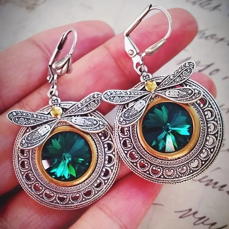 

Ethnic Retro Green Crystal Dragonfly Earrings, Women's Creative Unique Party Vacation Jewelry Accessories
