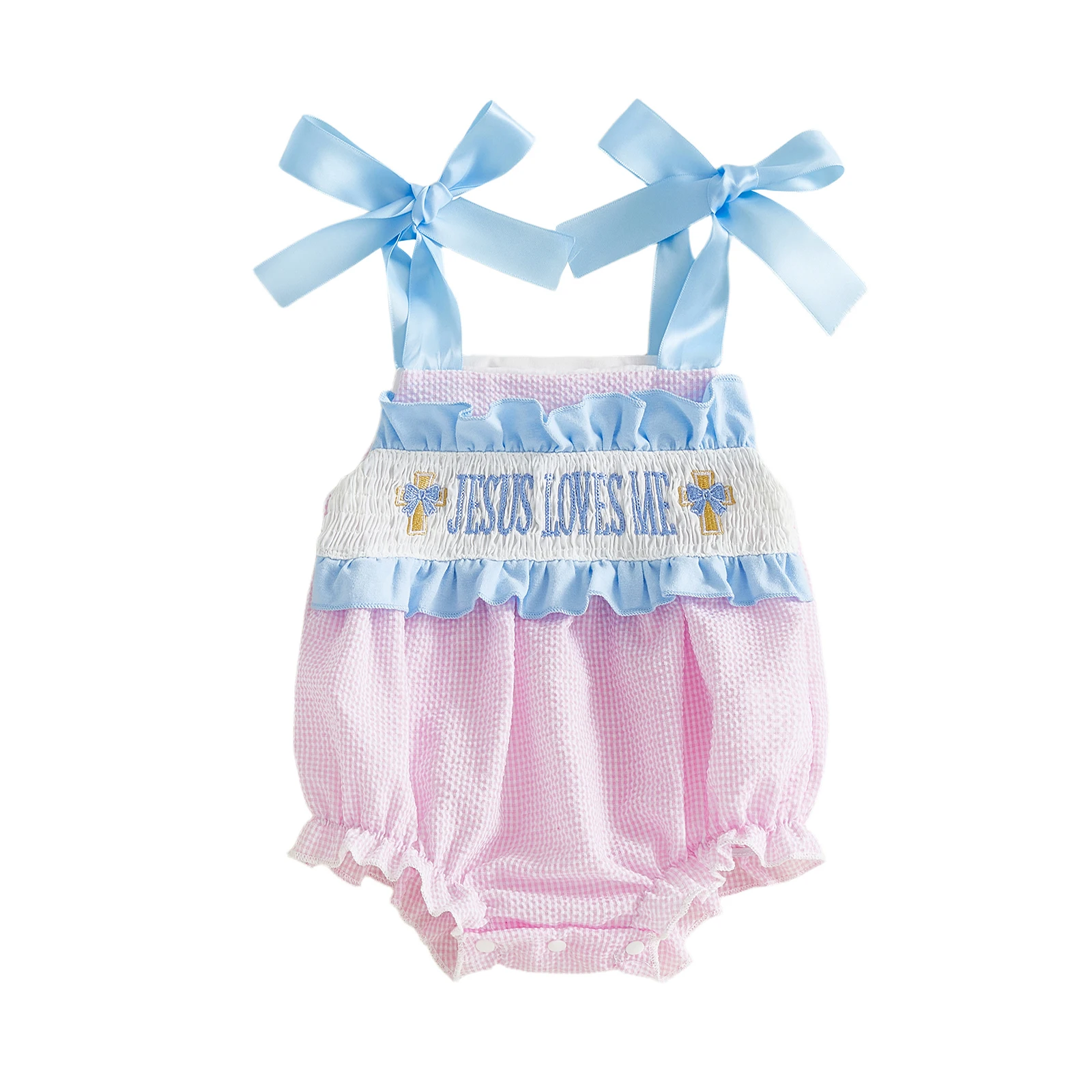0-2T Baby Girls Easter Sling Bubble Romper Embroidery Letter Cross Pattern Sleeveless Ruffle Strap Summer Infant Onesie