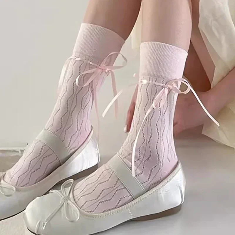 

Длинные носки в стиле Лолита для женщин, с бантом и лентой, милые, в стиле кавайи, средней длины, в балетном стиле, однотонные, черные и белые