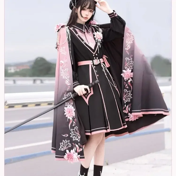 

2025 Authentic Tan Ying Fanghua Lo Set Lolita Hooded Sweetheart Dark Pink Full Set Girl Dress