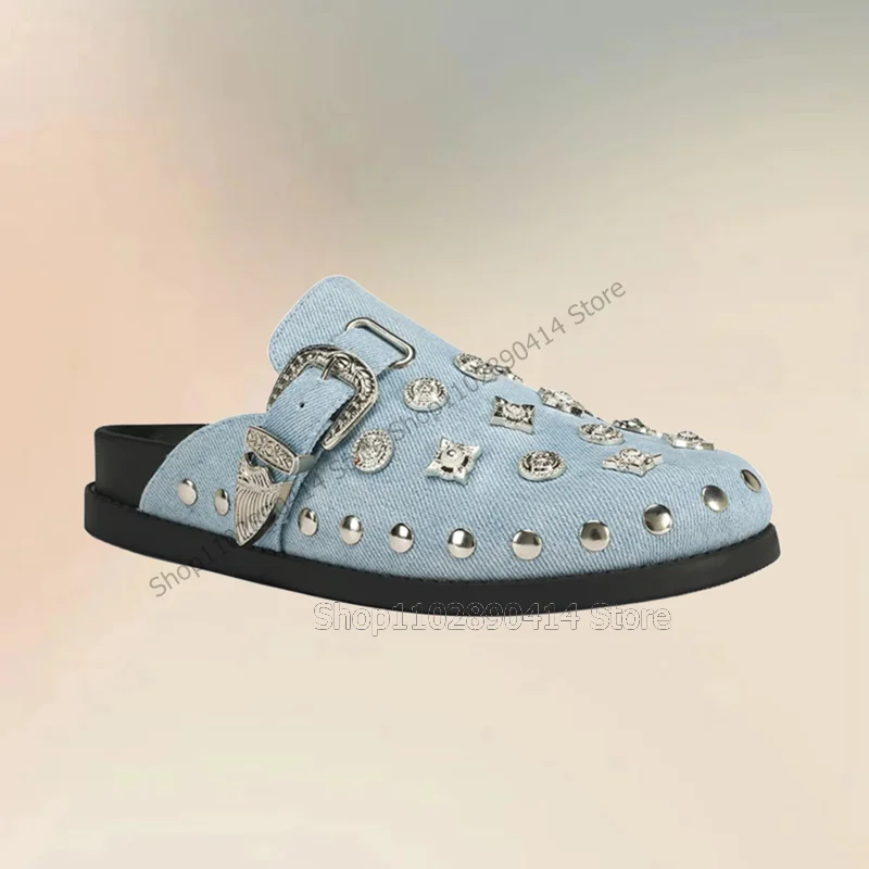 

Sky Blue Denim Metal Rivets Buckle Decor Round Toe Slippers Slip On Women Shoes Fashion Party Banquet 2023 Zapatos Para Mujere