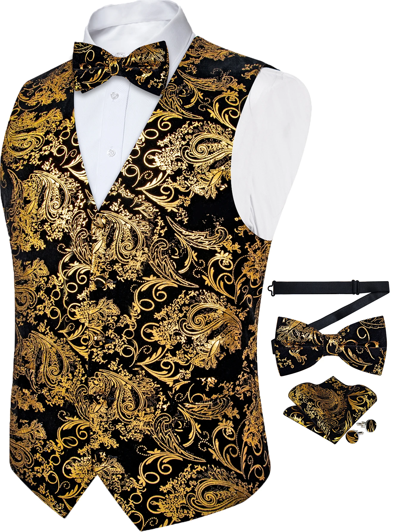 Black Gold Foil Paisley Waistcoat 4Pcs Outfit Bow Tie Square Cufflinks For Vintage Theme New Year Gala