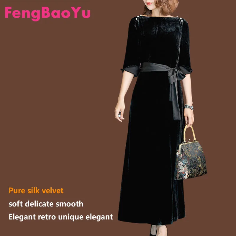 Fengbaoyu Silk Velvet Spring Autumn Lady Seven-cent Sleeve Collar Flag Robe Long Dress Black Evening Dress 4XL 5XL Free Shipping