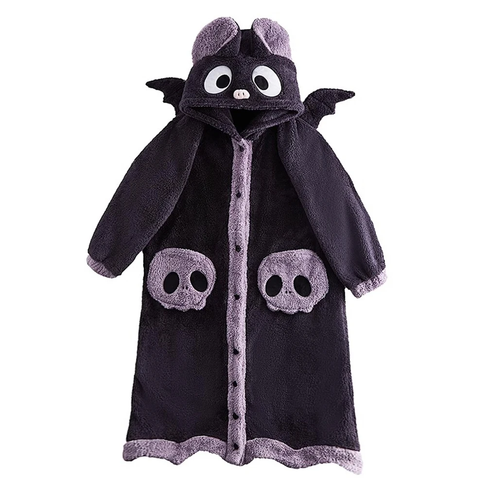 Bat Costume With Wing Women\'s Winter Thickened Flannel Nightgowns Skull Skeleton Vampire Witch Robes Halloween Loungewear Nighty