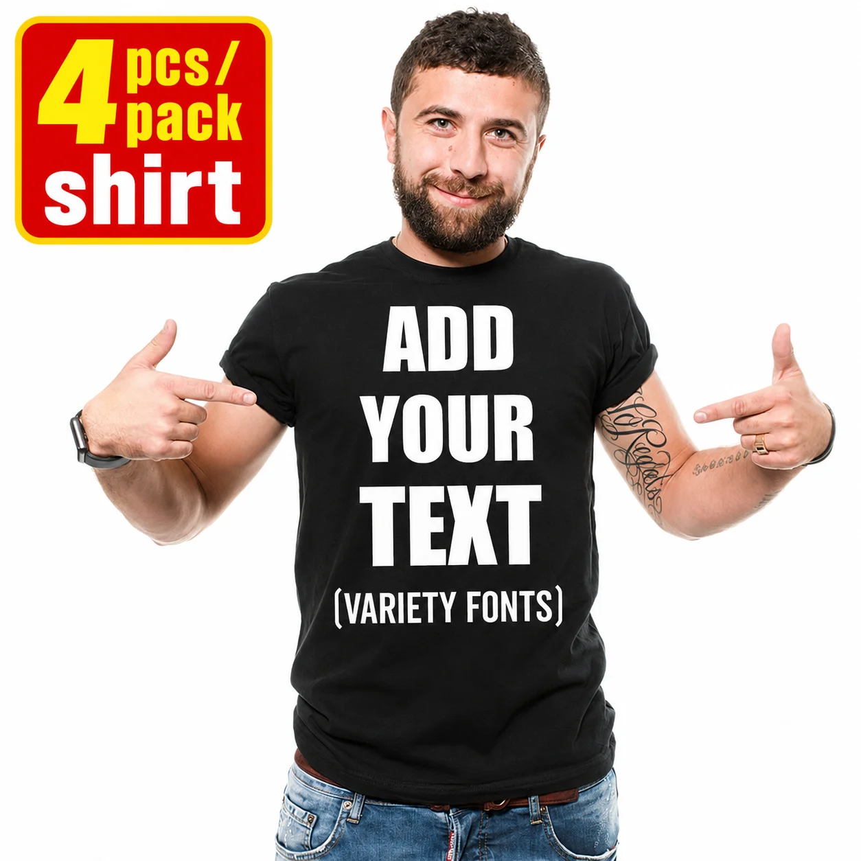 4Pcs Pack Custom Text T Shirts Men Personalized Cotton Tee Multiple Fonts DIY Printed Short Sleeve