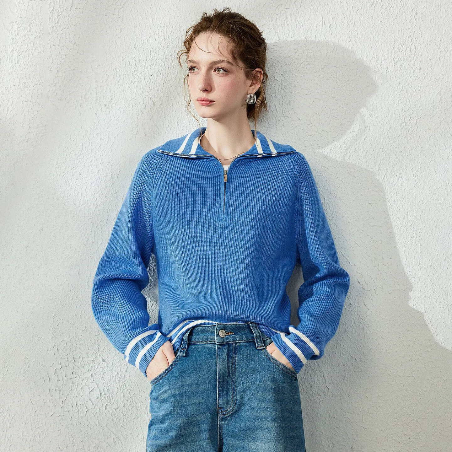 TOYOUTH Womens Stripe Half Zip Preppy Style Knit Sweater 2026 Autumn New Intellectual Polo Collar Sporty Knit Top
