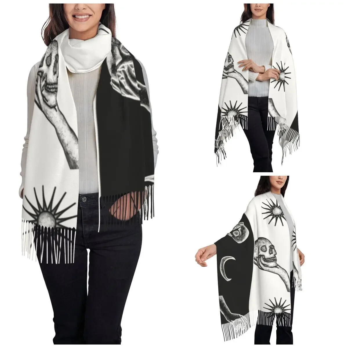 Black White Sun Moon Shawl Wraps for Women Warm Large Long Scarf Stars Mandala Zodiac Tarot Pashminas Shawl Scarves