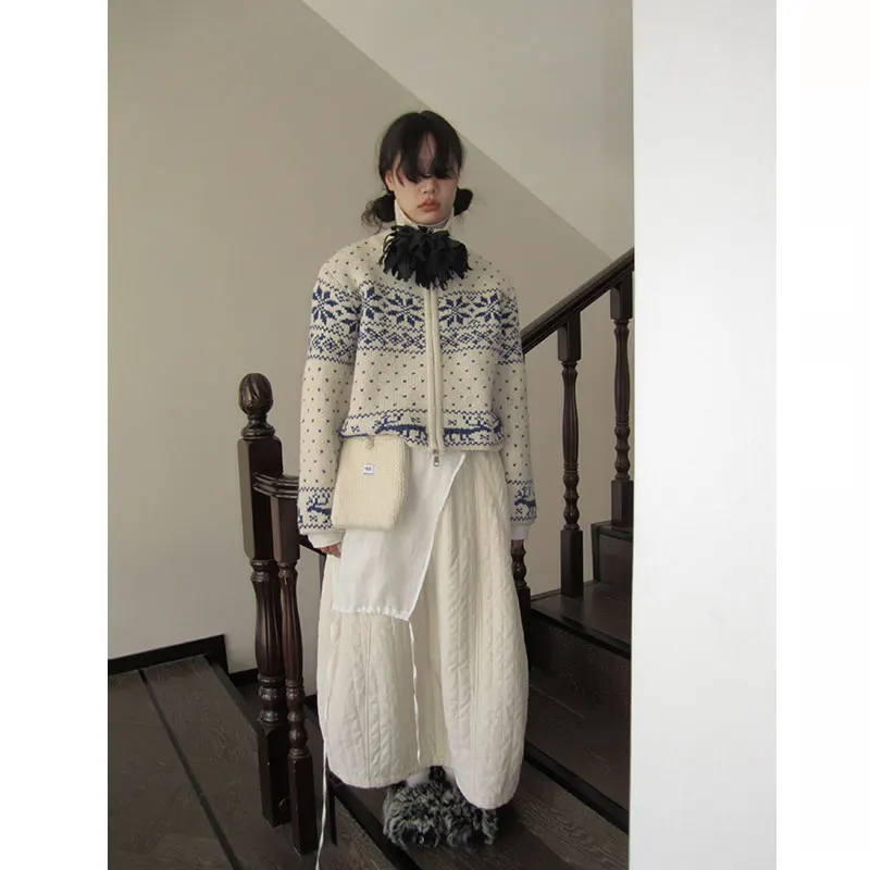 

Юбка А-силуэта с высокой талией, утепленная, женская, белая, хлопковая, осенне-зимняя, новинка, ретро, вязаная, из хлопка