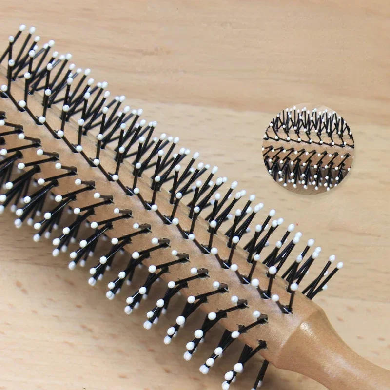 Mini Round Nylon Hairbrush Curly Hair Styling Comb Rolling Comb Round Brush for Thin or Short Hair Men with Wooden Handle