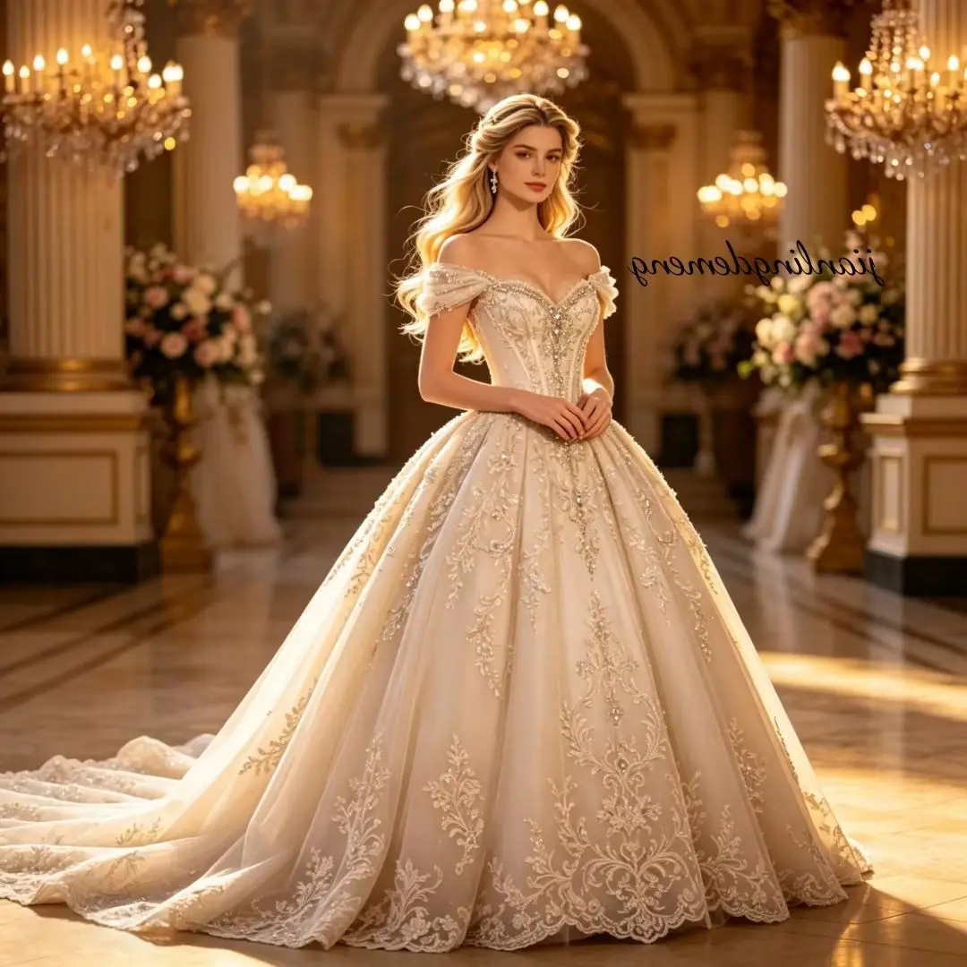Vintage Champagne Lace Ball Gown Wedding Dress Off Shoulder Sweetheart Corset Beading Cathedral Train Bridal Gown Customized