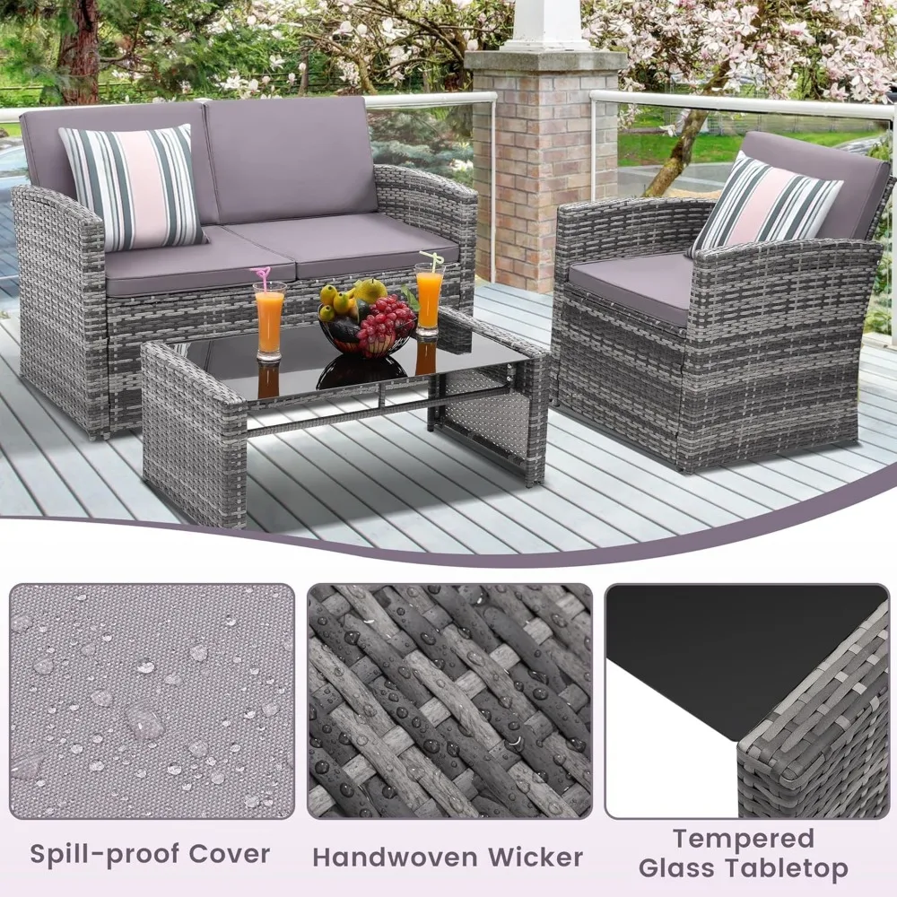 4 Pieces Patio Conversation Set, Outside Rattan Sectional Sofa, Cushioned Furniture Set, Wicker Sofa for Garden, Porch, Backyard