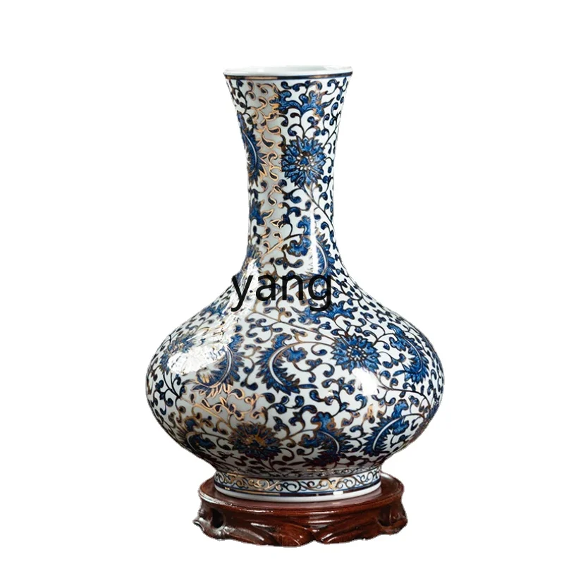 

Yhl Ceramic Vase Hand Painted Blue and White Porcelain Drawing Gold Large Porcelain Bottle Chinese Living Room Flowern