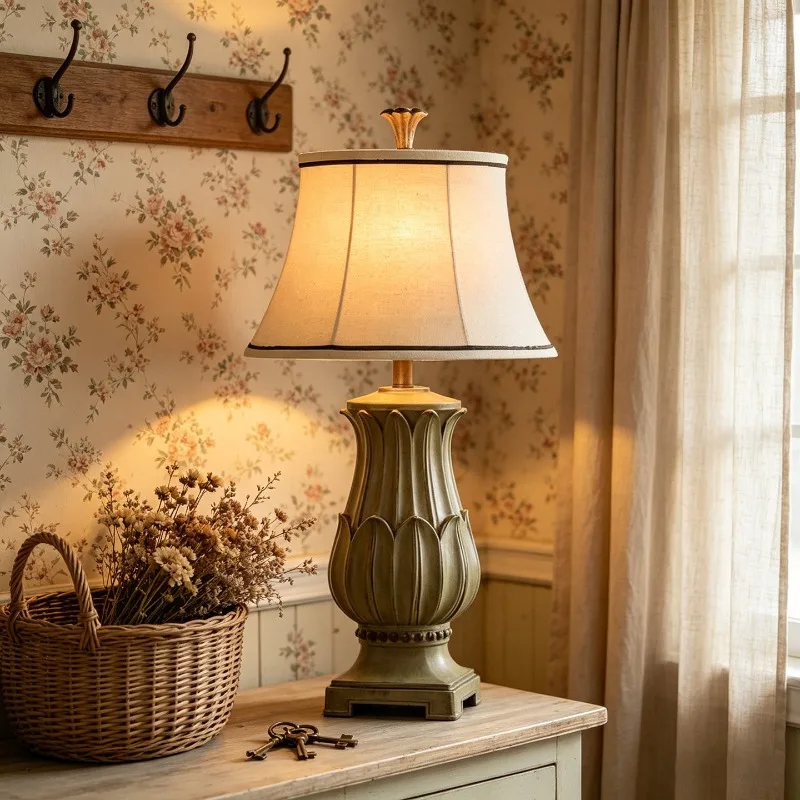 French Countryside Retro Floor Lamp Hand Carved Wooden LED Table Lamp Homestay Hotel Bar Bedroom Study Home Decor Reading Light