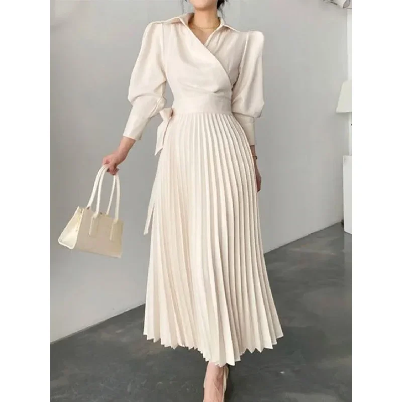 Gymystars Long Women Dresses and Travel White Shirt Dress New Casual Asymmetric Lapel Pleated Skirt Elegant  Female Party Robe