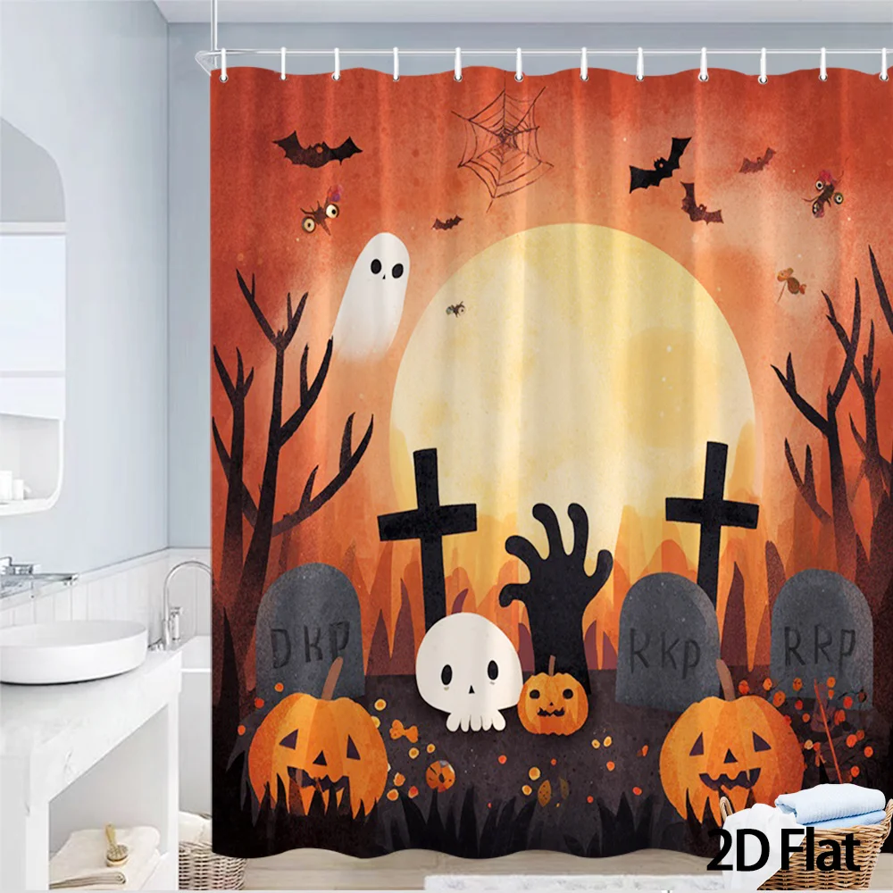 Halloween Graveyard Ghost Shower Curtain, Pumpkin Zombie Hand Print Waterproof Bathroom Decor, Spooky Holiday Home Bath Screen