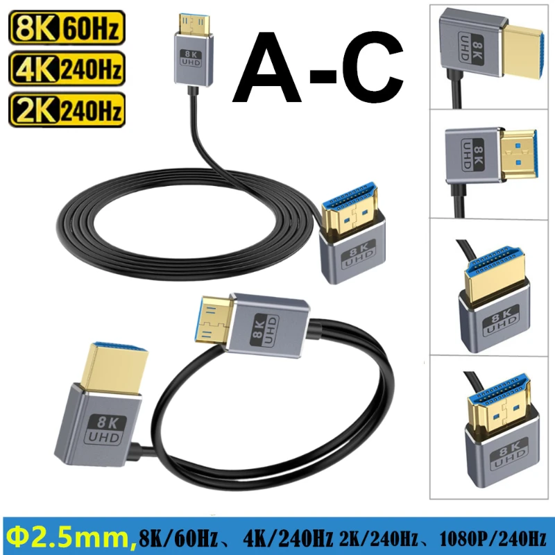 90 Degree Od2.5mm Digital Camera Cable Adapter Uhd Super Slim A C Male Hdmi-compatible Line Extreme Thin C Male A Male Wire Cord