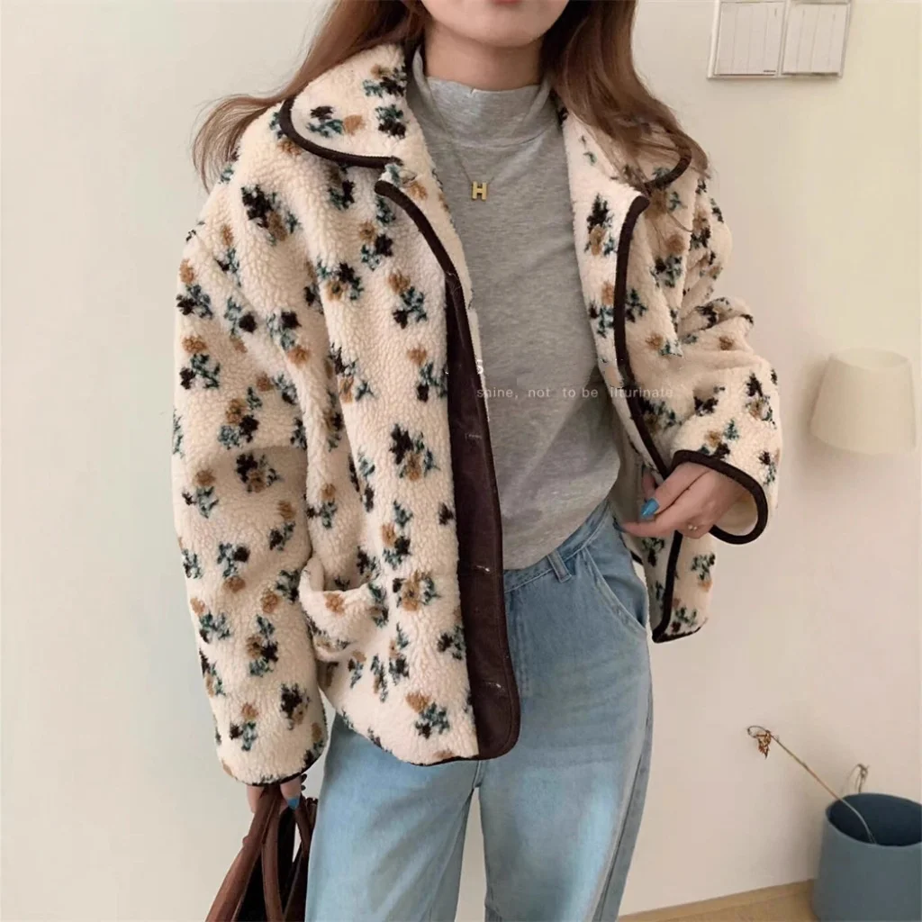 

Casual Printed Short Fleece Jacket Women Round-Neck Single-Breasted Pocket Coat Daily Commute & Office Cozy Winter Gift For Her
