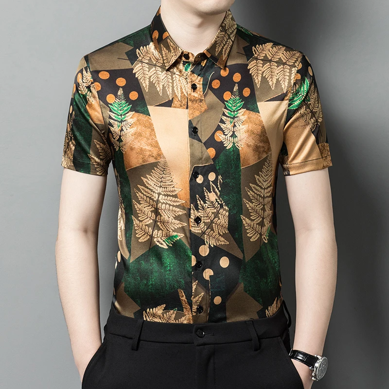 

Premium Skin-Friendly Real Silk Shirts For Men Short Sleeve Print Summer Quality Soft Comfortable Easy Care Casual Chemise Homme