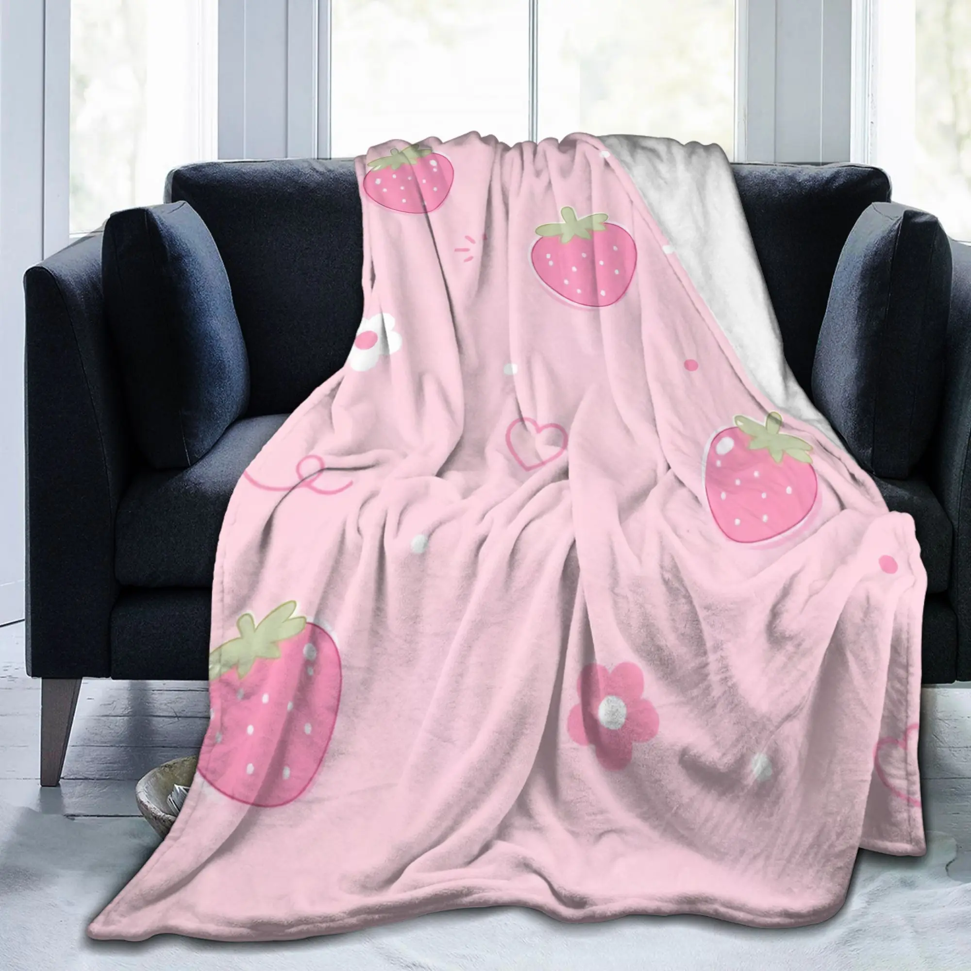 Strawberry Kawaii Cute Hearts Floral Pink Flannel Blanket  Awesome Throw Blankets for Home Hotel Sofa  150*125cm Bedspreads