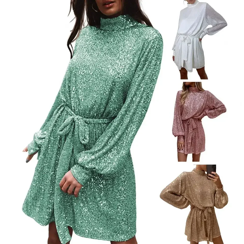 

2025 Shiny Sequin Women Dress Sparkling Round Neck Long Sleeve Lace-up Tight Waist Mini Dress Soft Commute Club Party Dresses