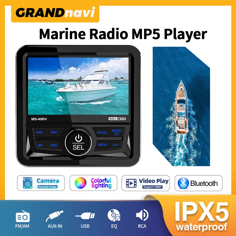 MP5 Player Marine Radio Boat Stereo Bluetooth AUX FM AM Digital Media Audio IPX5 Waterproof For Yacht ATV UTV RV Boat Golf Cart