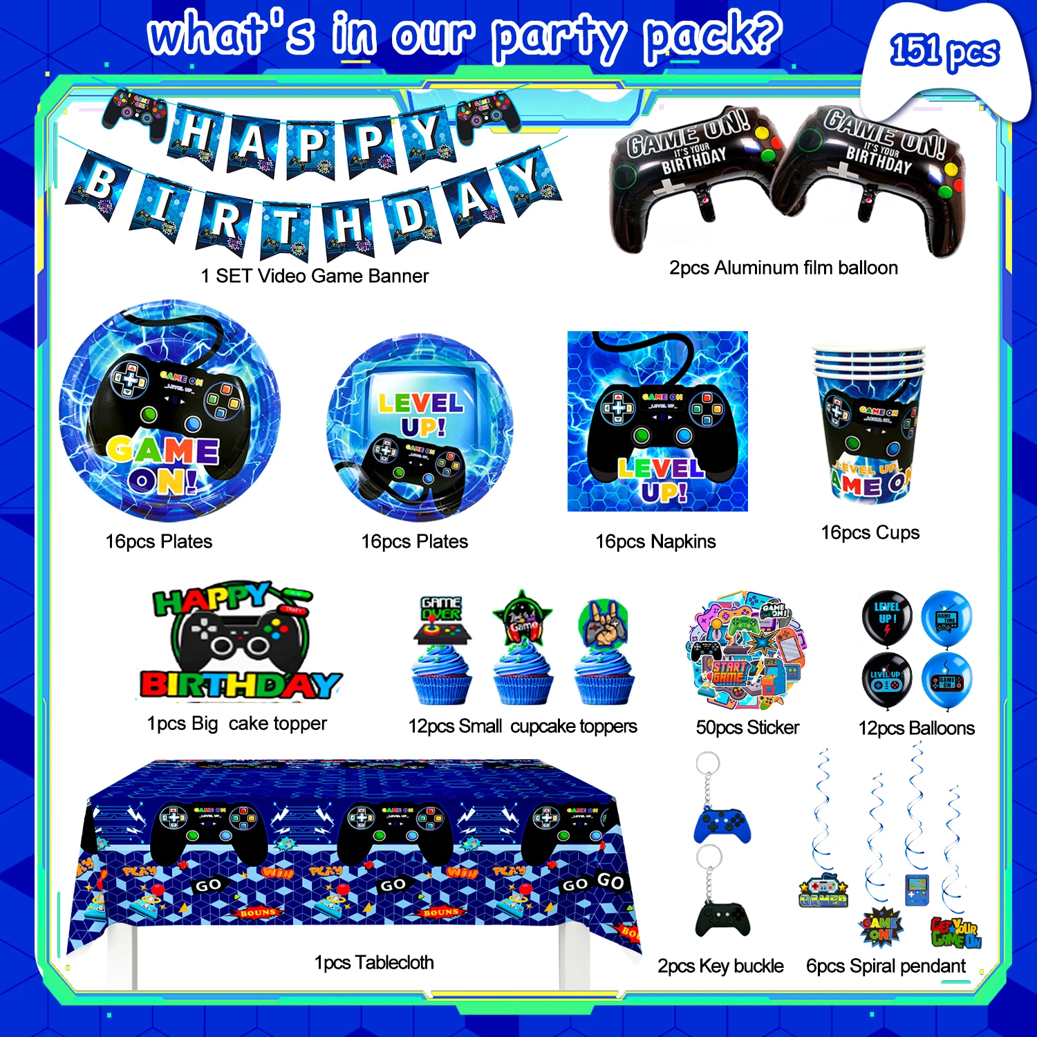 213 Pcs Video Game Birthday Party Decorations & Tableware Set - Video Game Plates Cups Balloons Banner Etc Gamer Party Supplies view 6