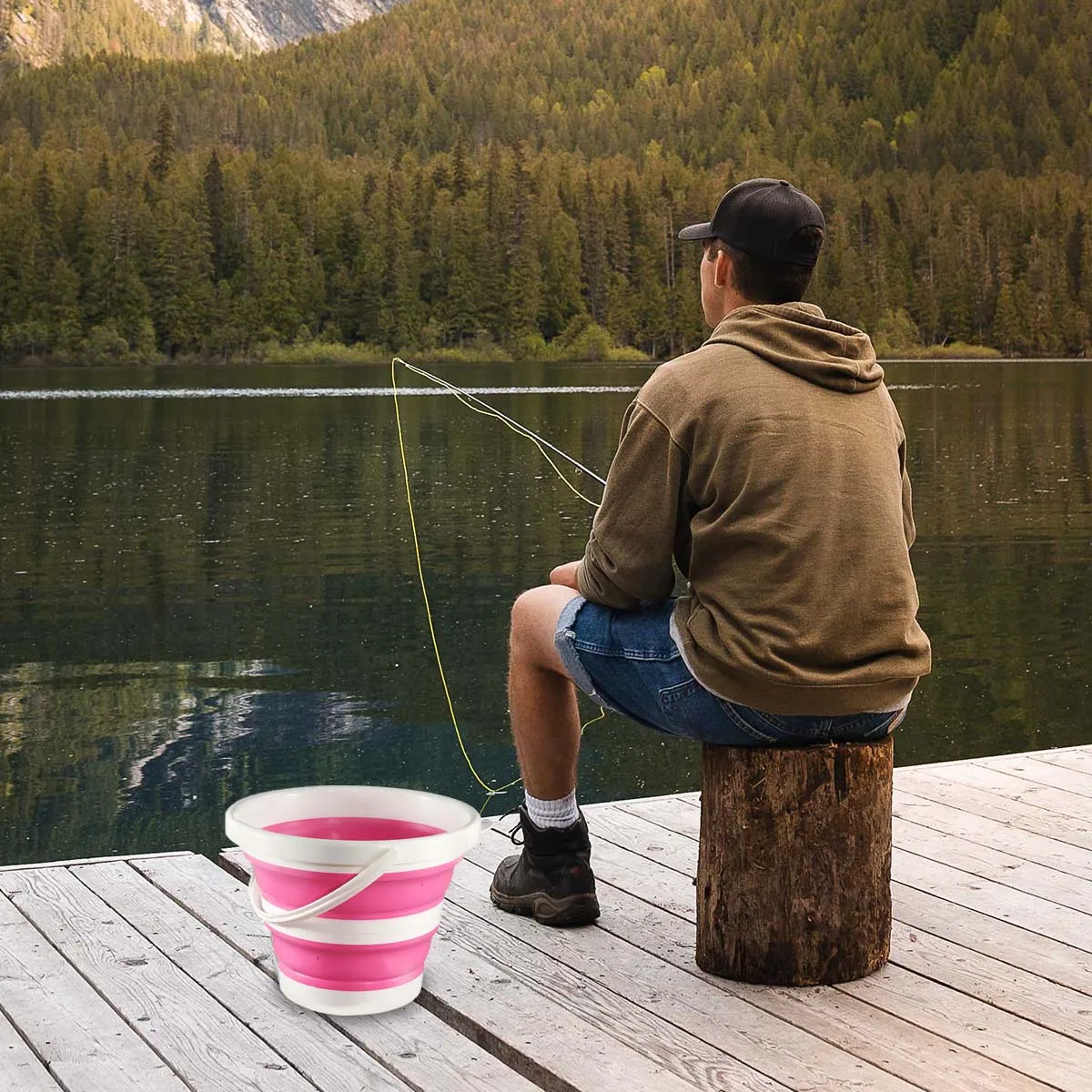 دلو محمول قابل للطي باللون الوردي، دلو سيارة من بلاستيك السيليكون، دلو صيد خارجي للأطفال، دلو متعدد الوظائف للسفر إلى المنزل